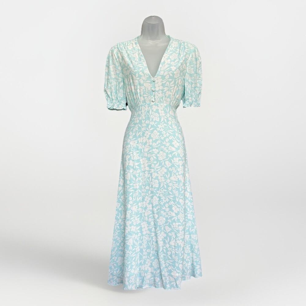 Hobbs London Helen Dress Size 6 (UK 10) Floral Midi Blue Ivory V-Neck Regency